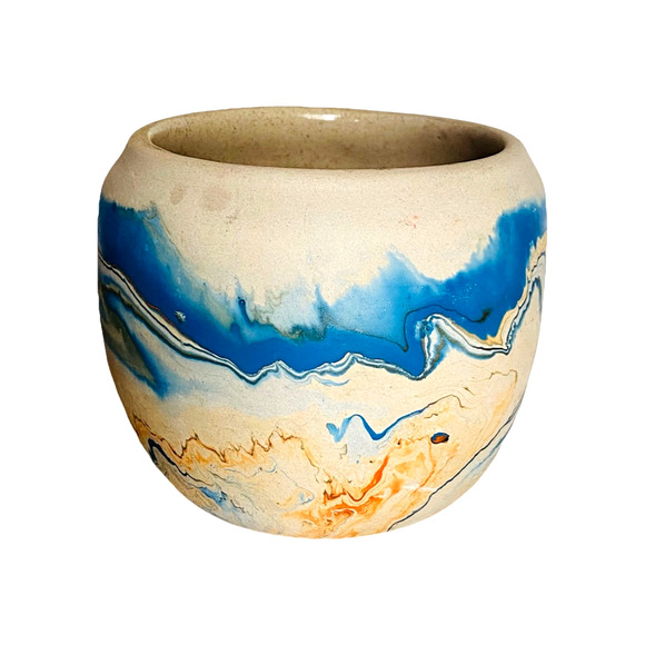 Vintage Nemadji Blue Orange Swirl Studio Art Pottery Vase 4" Tall x 4.75" Wide - Picture 2 of 7